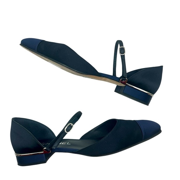 CHANEL Satin Mary Jane Flats CC Logo Navy Blue Size 38.5EU / 8.5US - Picture 8 of 16